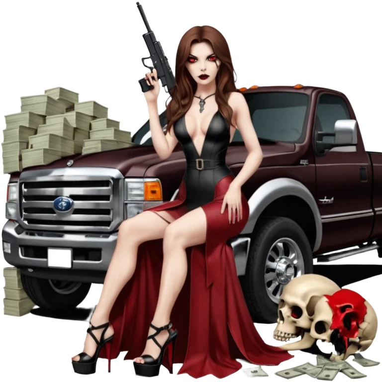 Lilith symbol red eye seductress evil long brown haired sexy succubus woman with leather long dress with slit, sitting in Big Large F350 pickup truck. Black Platform high heels on feet. Back of truck full of stacks of cash, sitting behind her is  a human skull with a gun in other hand emoji