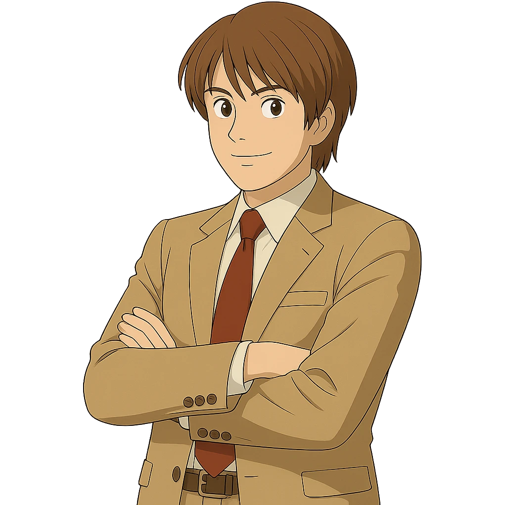 Make this exact Light Yagami in Ghibli style, standing with his arms crossed and body slightly turned to the right, same suit, same confident expression. Match the face, hair, and suit details exactly to the reference. Transparent background. emoji