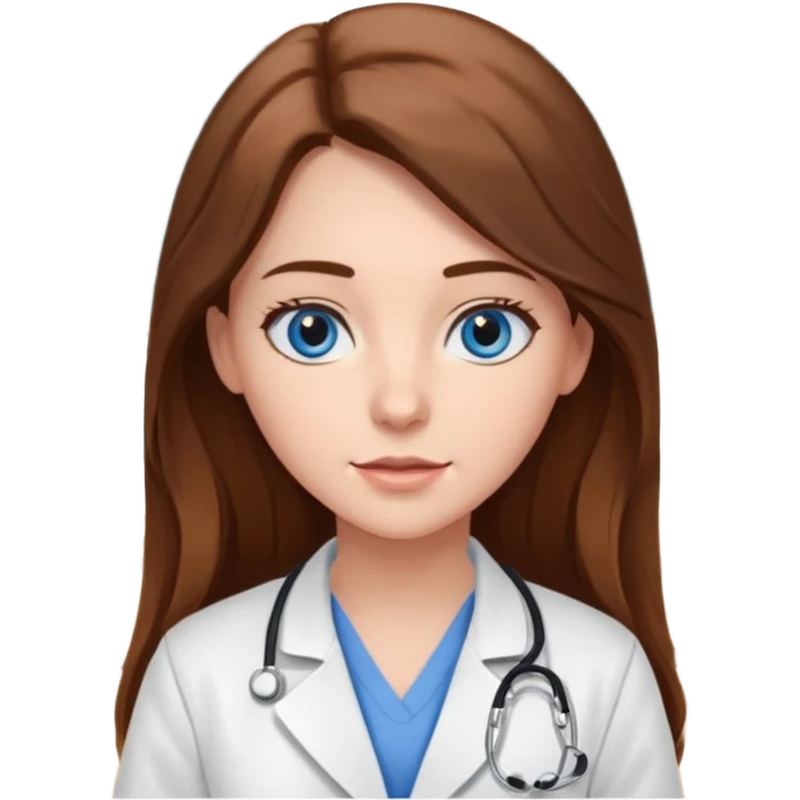 inside a classroom at university, a pretty female nursing student with long brown hair, blue eyes emoji