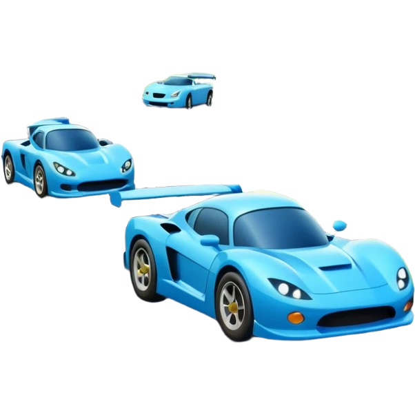 A busy highway with cute fast-moving racing cars, surrounded by green fields and distant mountains under a bright blue sky emoji