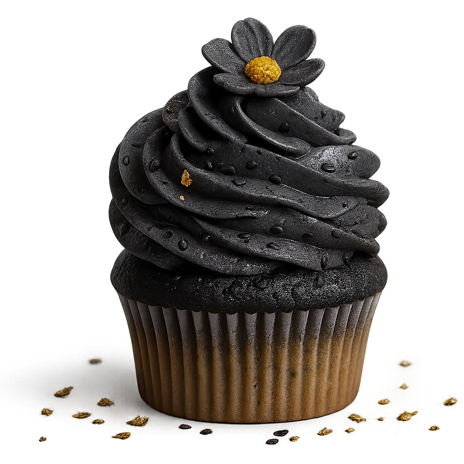 Change the icing to black sesame: dark gray, slightly glossy, speckled with black sesame seeds. Keep the realistic cupcake and accessories in photorealistic style with transparent background. emoji