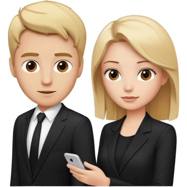 blonde woman in black suit talking to brown-haired man in white t-shirt emoji