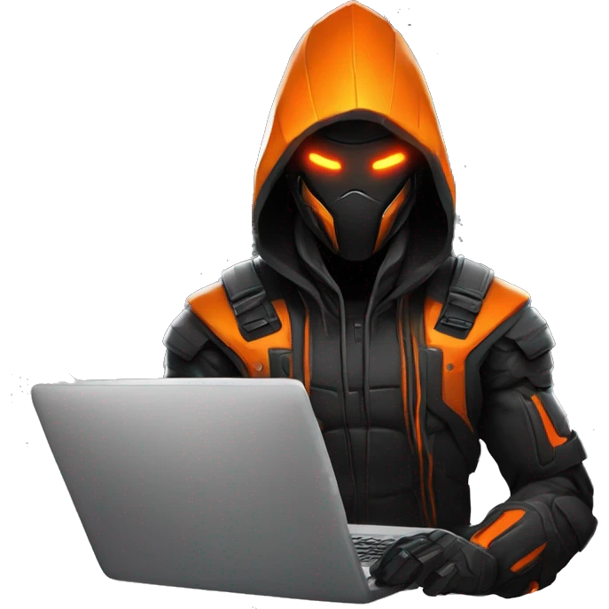  developer behind his laptop with this style : crysis Cyberpunk Valorant orange glowing bright orange character orange black hooded assassin themed character emoji