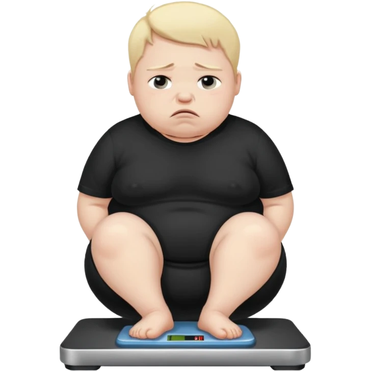 sad fat young boy in black t shirt crying on weight scale  emoji