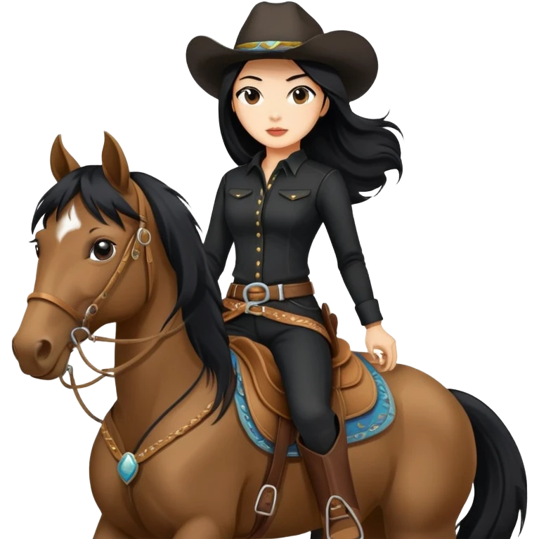 confident Asian woman with long black hair wearing black outfit riding a horse cowgirl style emoji