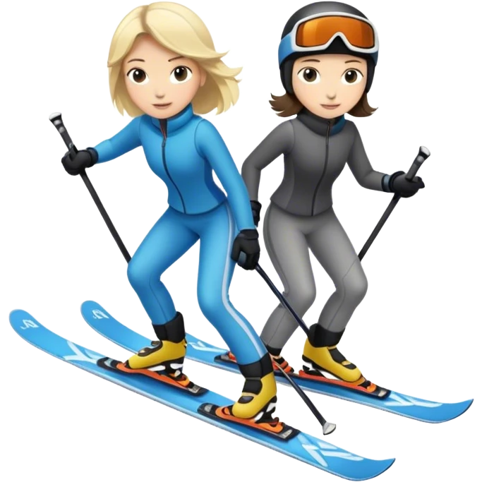 Blonde female on skiis and brunette boy on skiis emoji