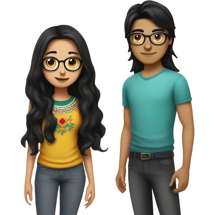 teen mexican couple together boy with glasses and black hair, the girl has long dark hair and is has light fair skin emoji