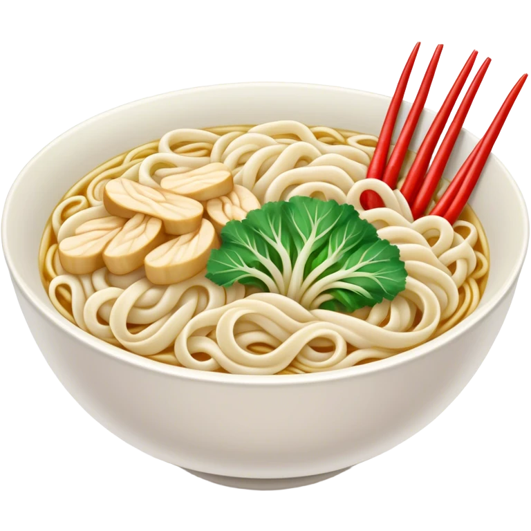 A bowl of udon noodles with green cabbage, chillies and enoki mushrooms emoji