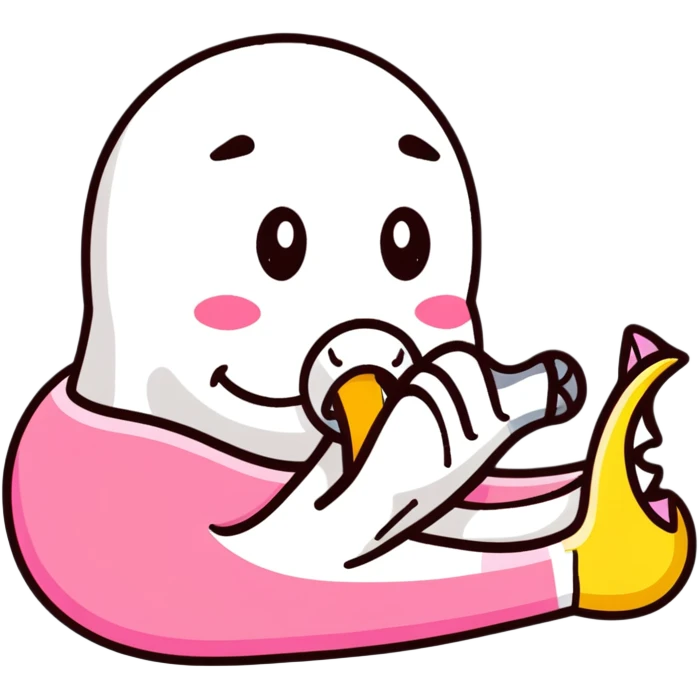 kissing emoji with a yellow bone in its mouth, bone has a pink tip emoji