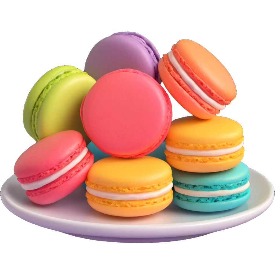 colorful macarons arranged on a plate, iOS 18 style, smooth realistic textures, vibrant pastel colors emoji