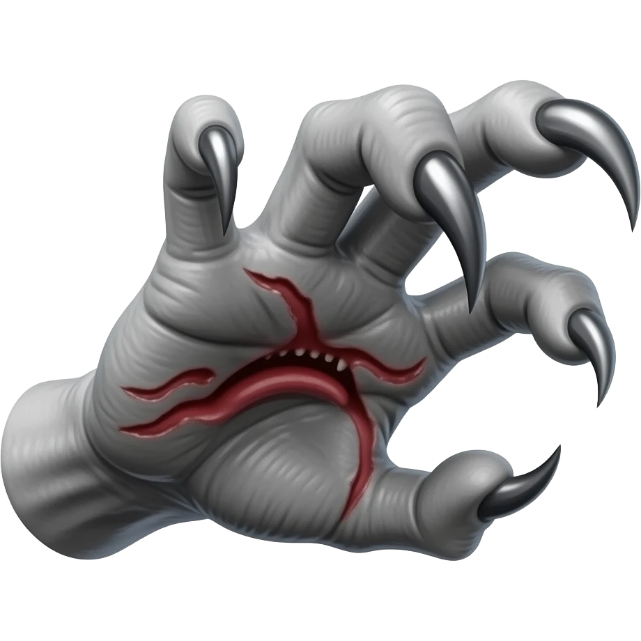 Long dark Demonic hand with sharp claws. Make the hand reach out to attack and slash towards the right of the image violently. Shift the perspective to a side profile to show the curvature and length of the claws more clearly. emoji