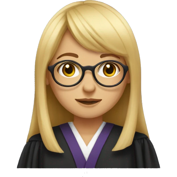 blonde straight hair girl with bangs, round eyeglasses, with judge's robe emoji