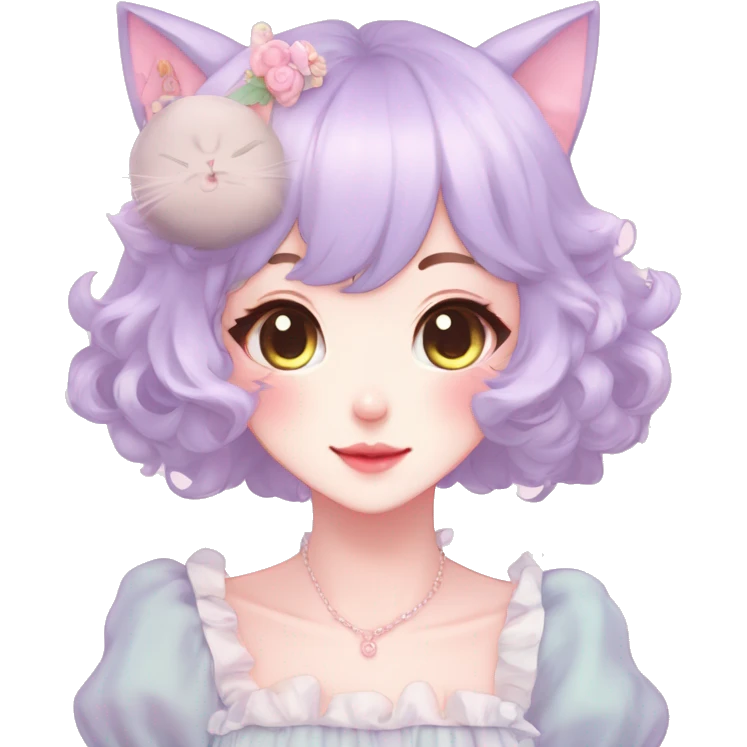 Gorgeous pastel anime style lady with blushing face and cat ears cottagecore fairycore pastelcore colorful pearly romantic simplistic aesthetic trending style full body emoji