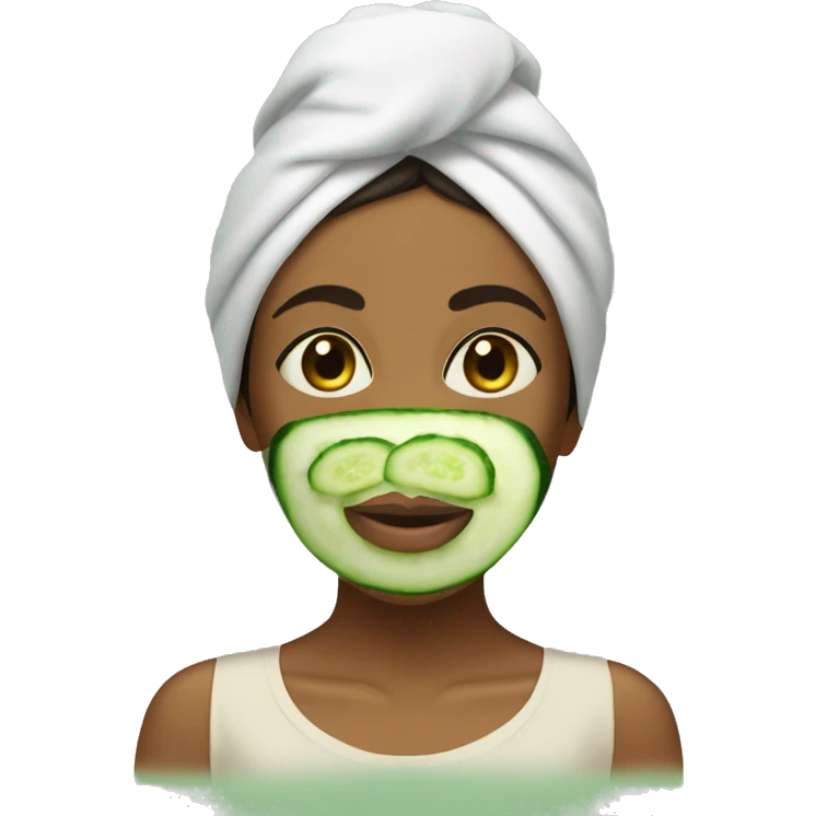 Brown girl face mask cucumber on eyes towel on head emoji