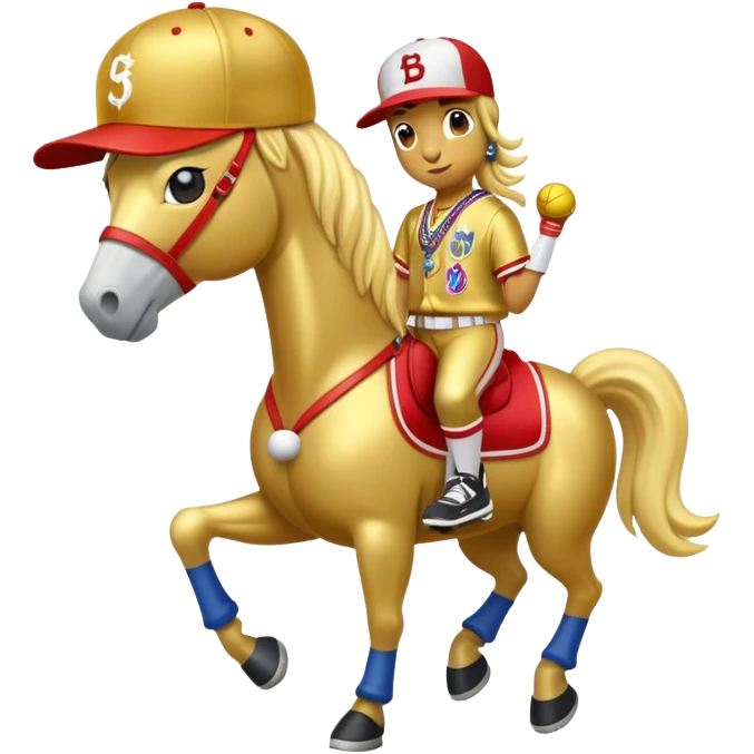 anthropomorphised horse dressed like a member of RUN DMC, hip-hop outfit, gold medal, baseball hat emoji