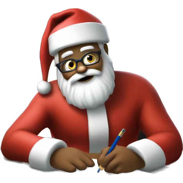 Santa is sitting on a desk, writing something down, solving complicated math puzzles in an exercise book emoji