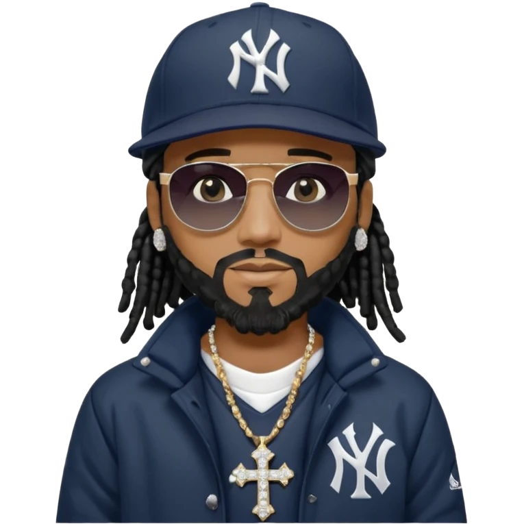 African American man with shoulder length black dreadlocks with black beard wearing black sunglasses wearing a New York Yankees logo baseball cap wearing a black bubble winter coat wearing a diamond grill in mouth with diamond cross necklace on his neck emoji