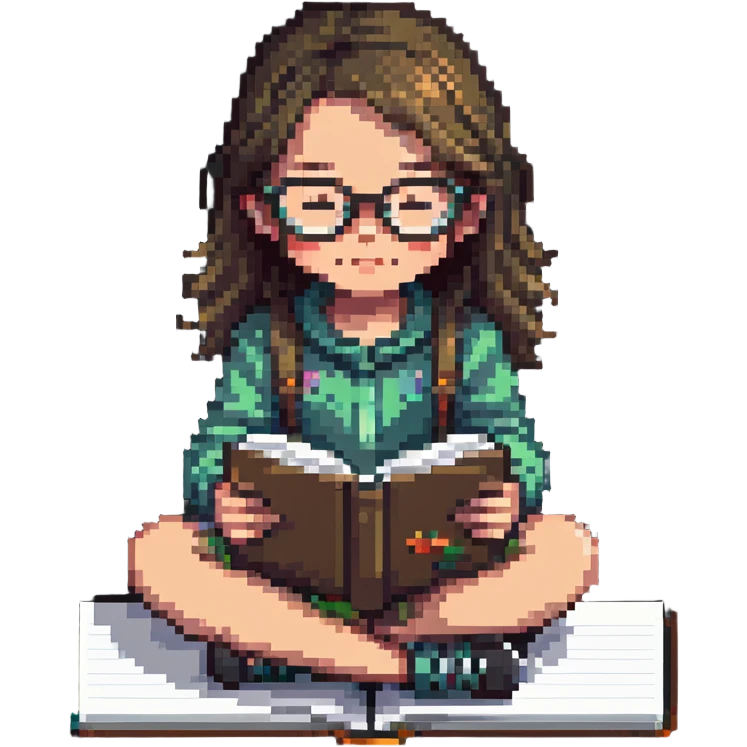 Girl with glasses reading her notebook while sitting emoji