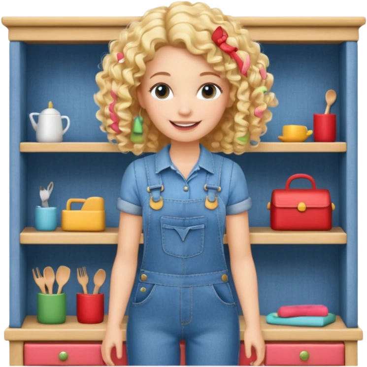 smiling blonde curly woman arranging furniture in doll house with overalls emoji