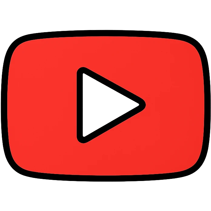 YouTube logo, red rounded rectangle with white play button in the center emoji