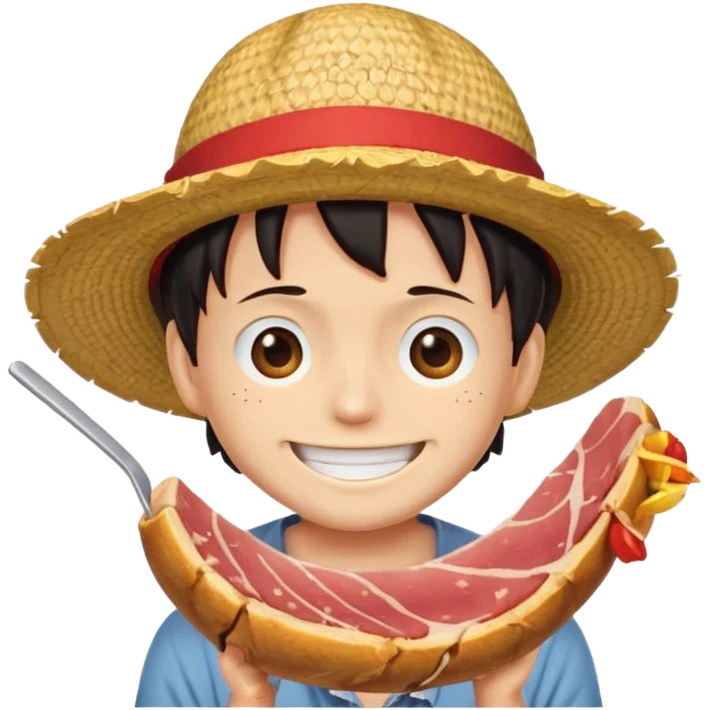 An emoji of luffy in a straw hat in one piece eating meat and laughing.  emoji