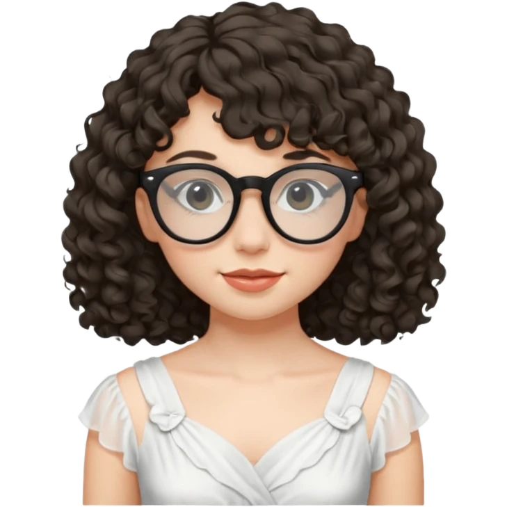 create a frontend girl that has a round face curly hair with a side curtain bangs and wears black rayban glasses doesnt smile with her teeth and white emoji