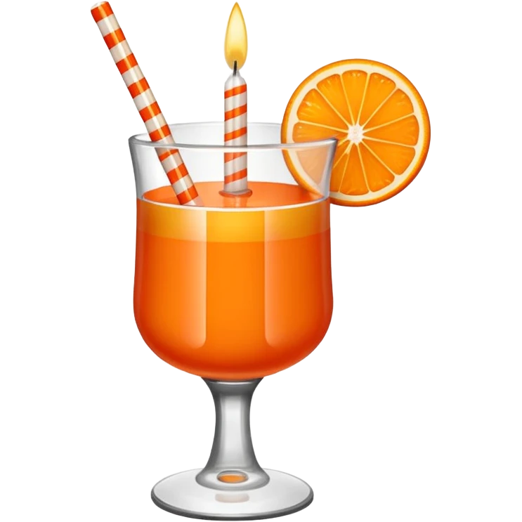 An orange with a horizontal red stripe around the middle. 4 vertical cocktail sticks in the orange with small pieces of candy on the sticks. On top of the orange a small white lit candle. emoji