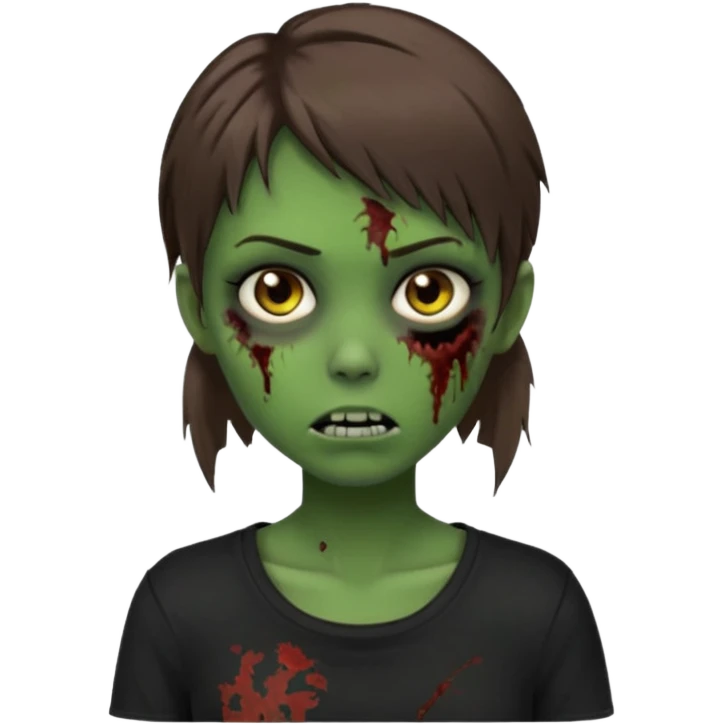 Zombie girl emoji verde com cabelo curto liso castanho no ombro com uma blusa preta emoji