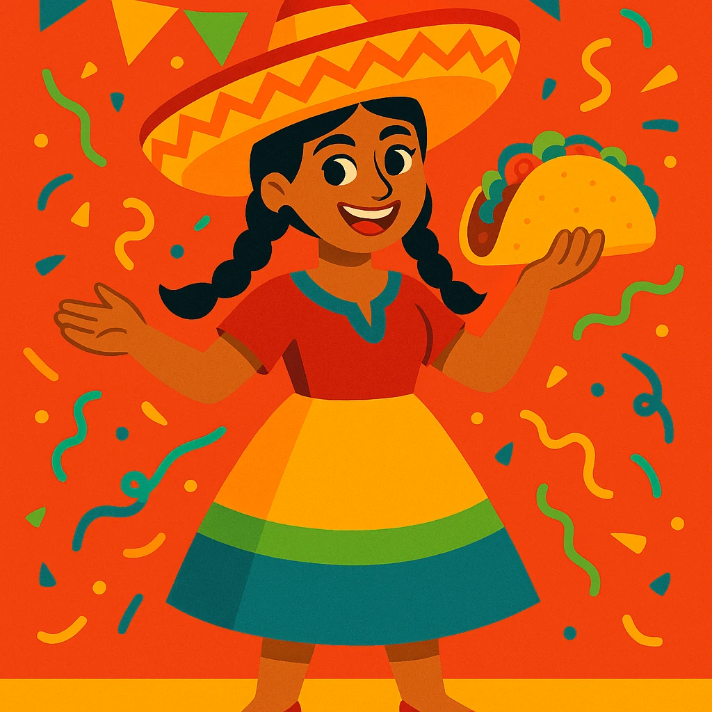 Mexican woman wearing a sombrero and holding a taco, vibrant and cheerful, full body, festive atmosphere emoji