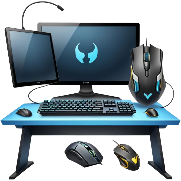 An icon featuring a gaming setup with a high-tech monitor displaying a competitive game, a keyboard, and a gaming mouse. The design includes a headset and a trophy, symbolizing victory and skill in esports. Transparent background highlights the energy and precision of professional gaming. emoji