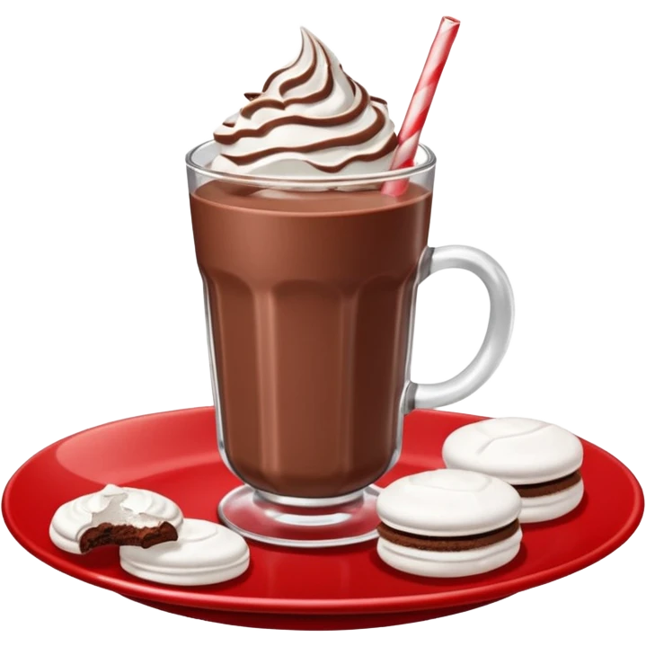 A glass of chocolate milk sits on a red saucer surrounded by chocolate cookies and sugar meringues. emoji