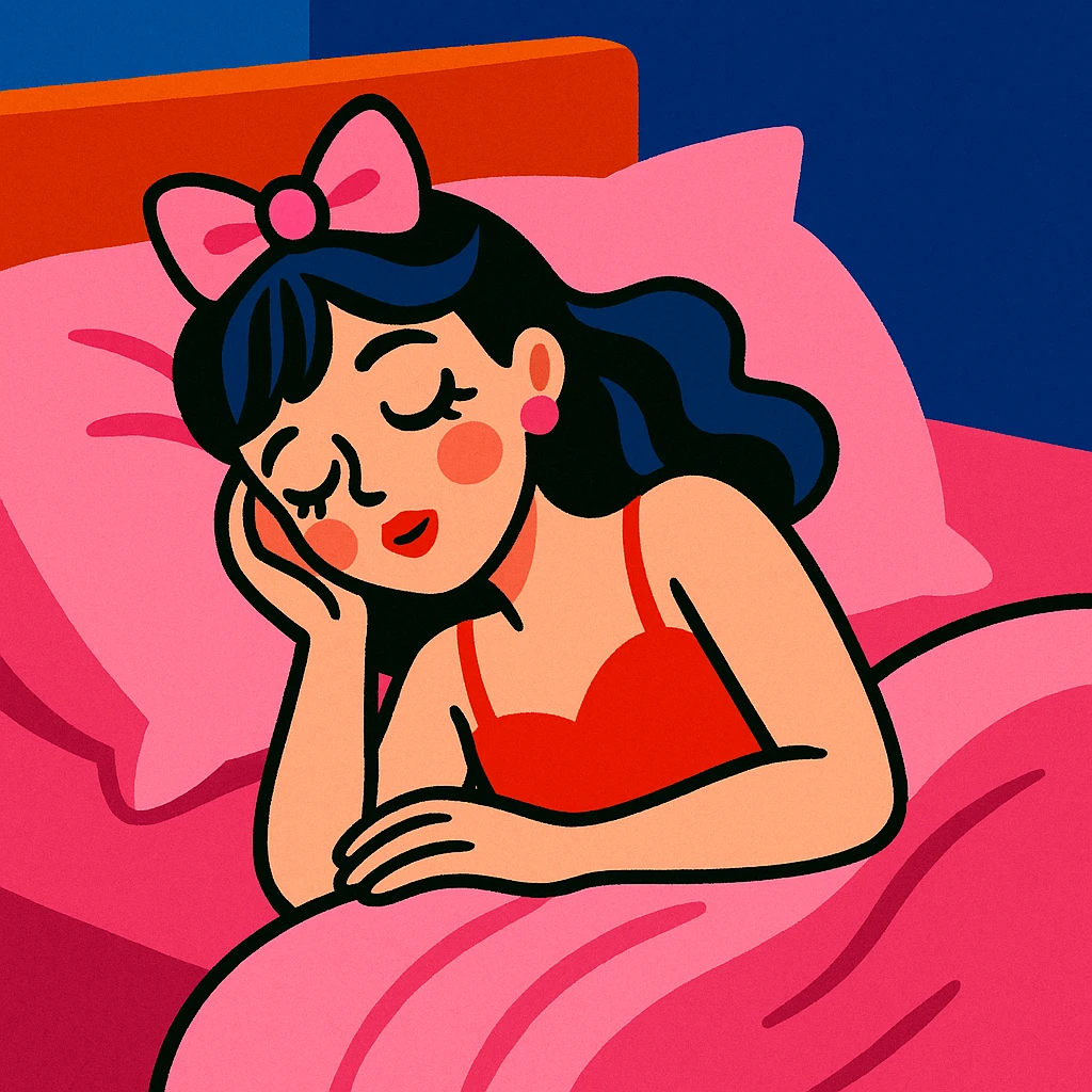 coquette girl sleeping in a pink soft bed, vibrant toon style emoji