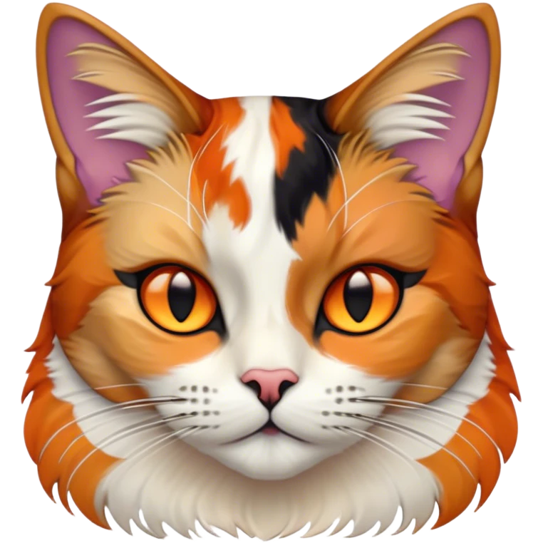 Cinematic Noble Calico Cat Portrait Emoji, Poised and regal, with a striking patchwork fur in vibrant orange, black, and white hues, delicate whiskers and a refined, focused gaze, simplified yet exquisitely detailed, glowing with a soft, moonlit radiance and an air of aristocratic elegance, high shine, exuding dignified intelligence and poised authority, soft glowing outline, capturing the essence of a watchful and noble calico cat that appears ready to grace the screen with effortless majesty! emoji