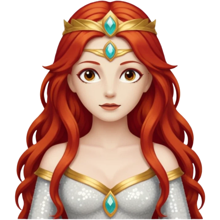 Minerva, Goddess of Wisdom from Gods and Goddesses with long red hair, ivory sequin outfit emoji