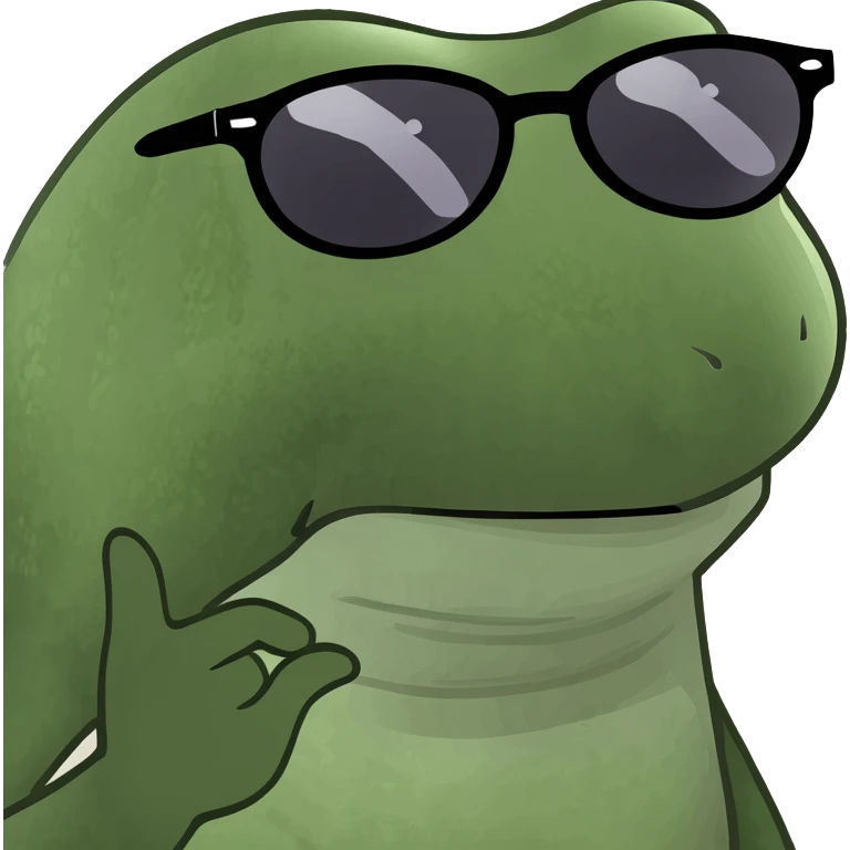 cool bean character with frog features, wearing sunglasses, confident and playful emoji