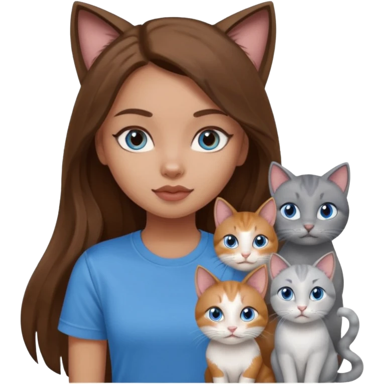 a pretty bratz dusky light skin girl with long brown hair, blue eyes with six cats nd wearing a grey tshirt emoji