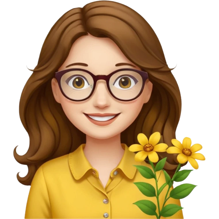 girl with a yellow blouse with flowers, with hair long hair in waves with glasses smiling emoji