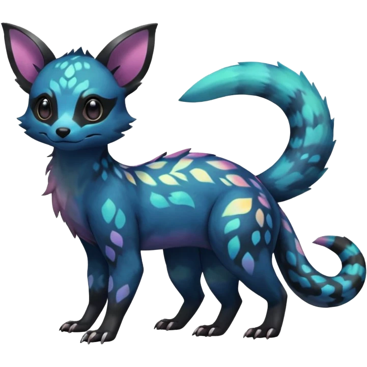 Rare exotic cute epic aesthetic colorful Salandit-Eevee-Civet-species-Fakemon-hybrid-creature, with markings, full body emoji