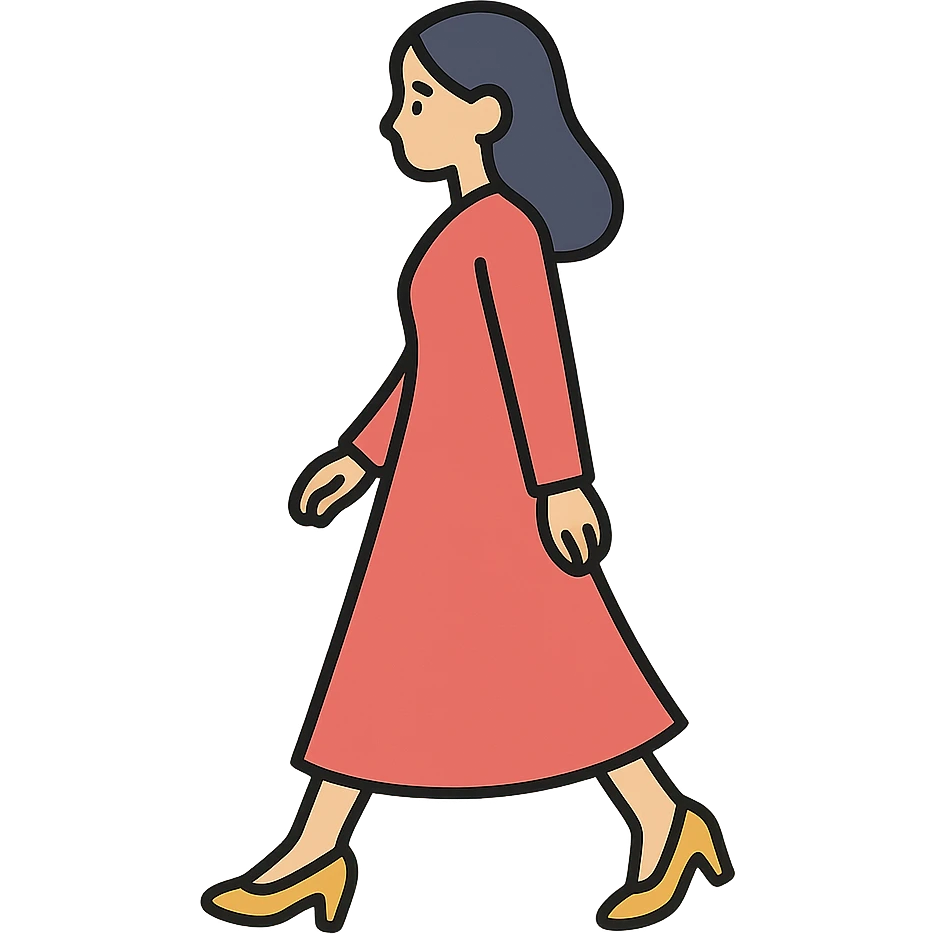 A girl walking from left to right, side view, wearing a long red dress and high heels, eastern style, thin clean outlines, soft rounded shapes, detailed drawing with shadows and highlights, pastel palette #98B5BC, #B5B3C1, #C9A3C9, #E4C0CA, #F7DCD1, #F7C0AA, modern Japanese pop art, soft lighting, transparent background, no extra decoration, focus on movement and elegance emoji