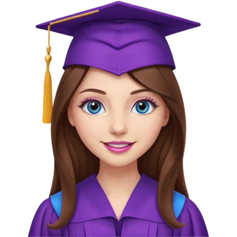 girl with gorgeous long brown hair, blue eyes, long lashes makeup, sexy pink lips, wearing a purple graduation cap and gown emoji
