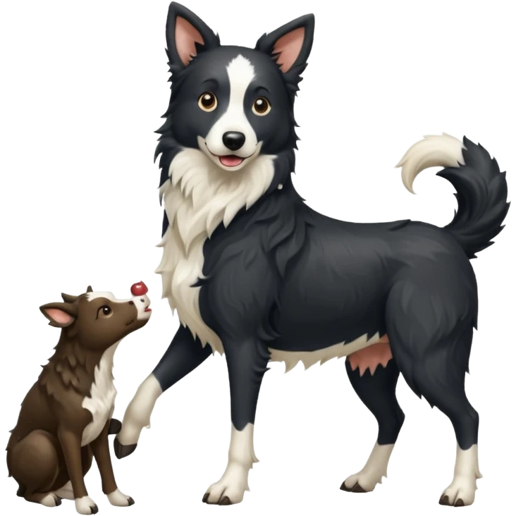 A black and white border collie werewolf, standing on her hind legs, holding a cow's hoof. emoji