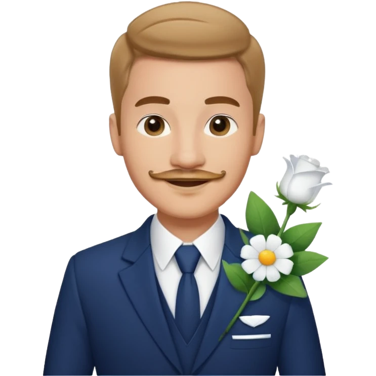 Homme 23 ans léger bouc moustache pas trop épaisse en costume bleu foncé chemise blanche insigne cabin crew portant bouquet fleur blanche souriant  emoji