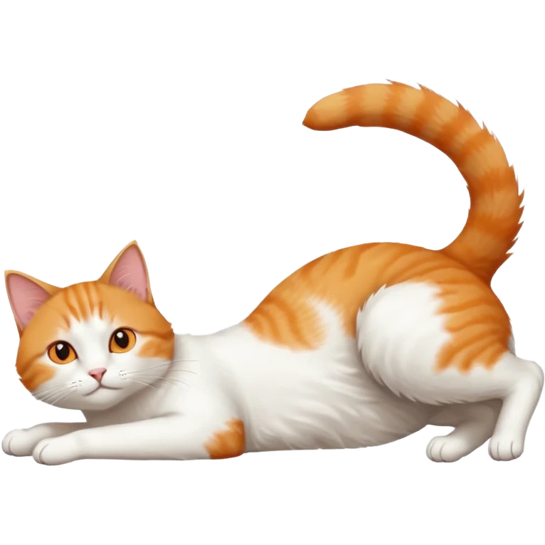 ginger and white cat with orange eyes doing a big extremely long stretch reaching up into the air with arms and legs side by side together straight and overextended whilst lying on its side emoji