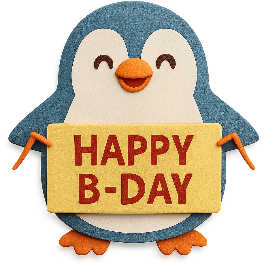 Make the penguin's face look happy and cheerful, keeping the paper-craft style and color palette. Keep the 'Happy B-Day' banner emoji
