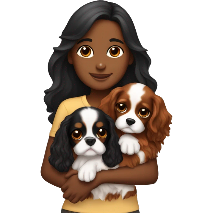 cute girl hugging two black and brown cavalier king charles spaniel  emoji