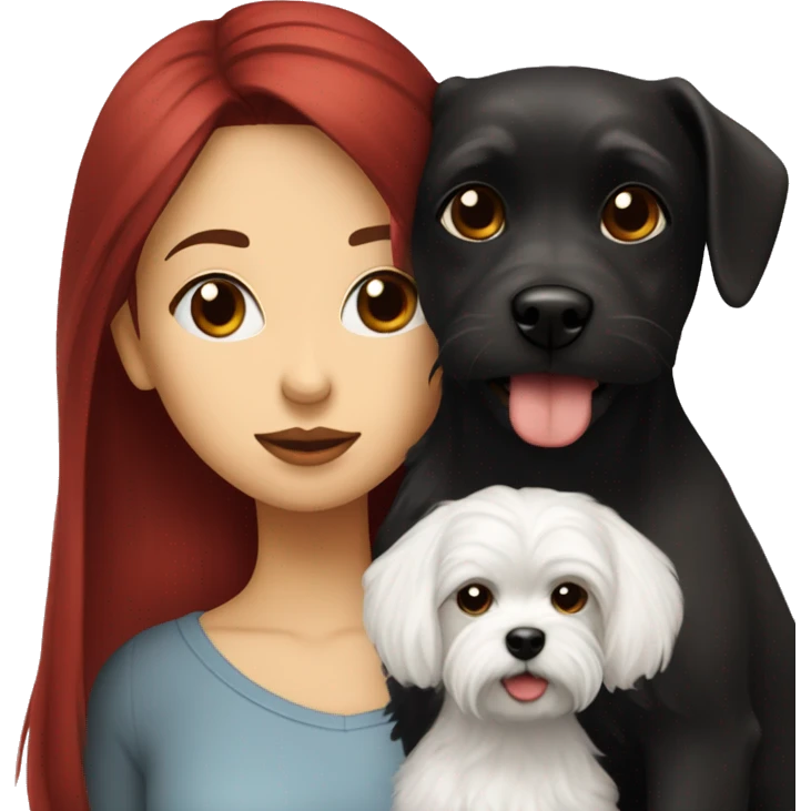 Dark-red-haired girl kiss her Maltese-Black-dog emoji