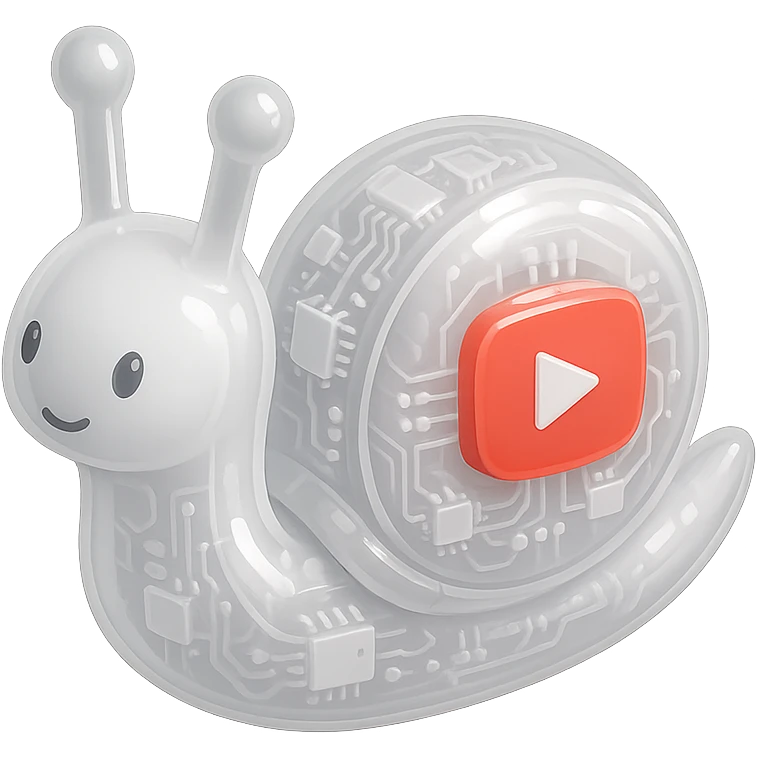 white robot snail with YouTube play button, glossy circuit style emoji