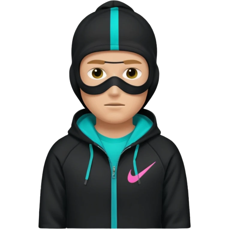 white guy with a black nike ski mask wearing a black zip up with teal, pink, and yellow stripes on it  emoji