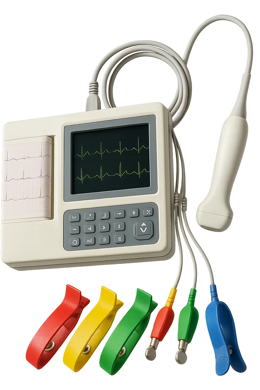 STRUMENTI MEDICI PER FARE ECG e ecocardio FLUTTUANO IN ARIA, iperrealistico 4k, isolato su sfondo bianco emoji