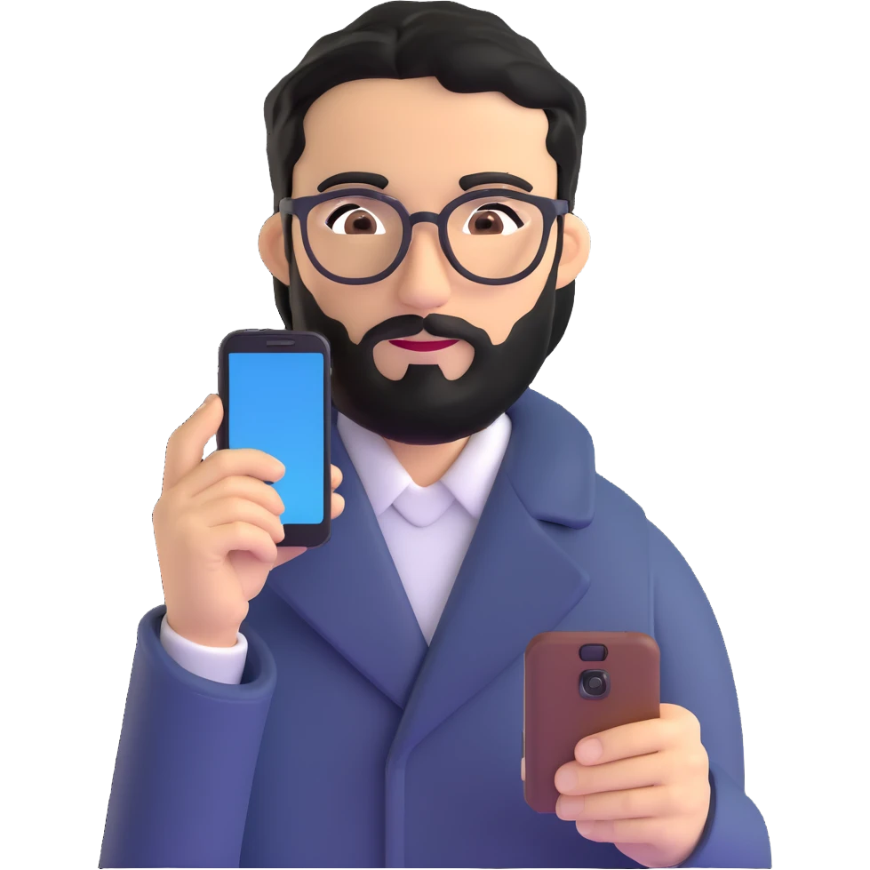 professional man with medium black beard, neat black hair, connected unibrow, olive tan skin, brown eyes, glasses, prominent nose, wearing a black coat, holding a smartphone emoji